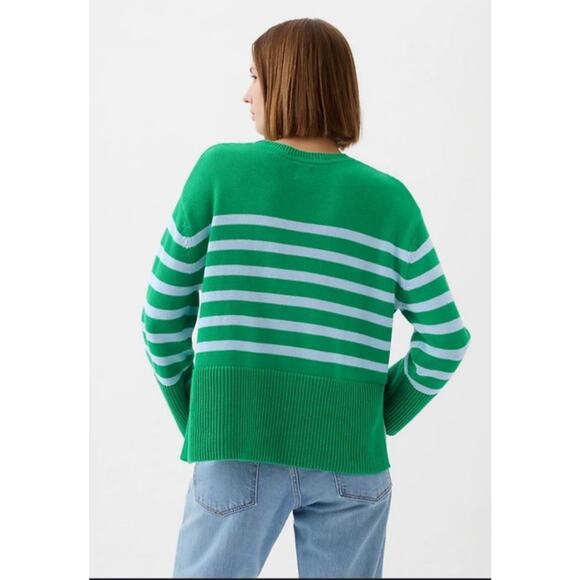 NWT Gap Pullover Sweater XL 24/7 Split-Hem Oversized Green Striped 100% Cotton - Picture 3 of 12
